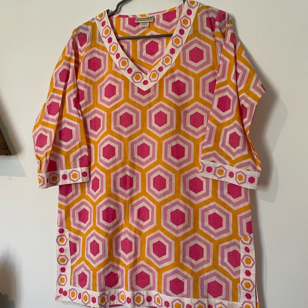 Hexagon Patterned Pink and Orange Women's Tunic
